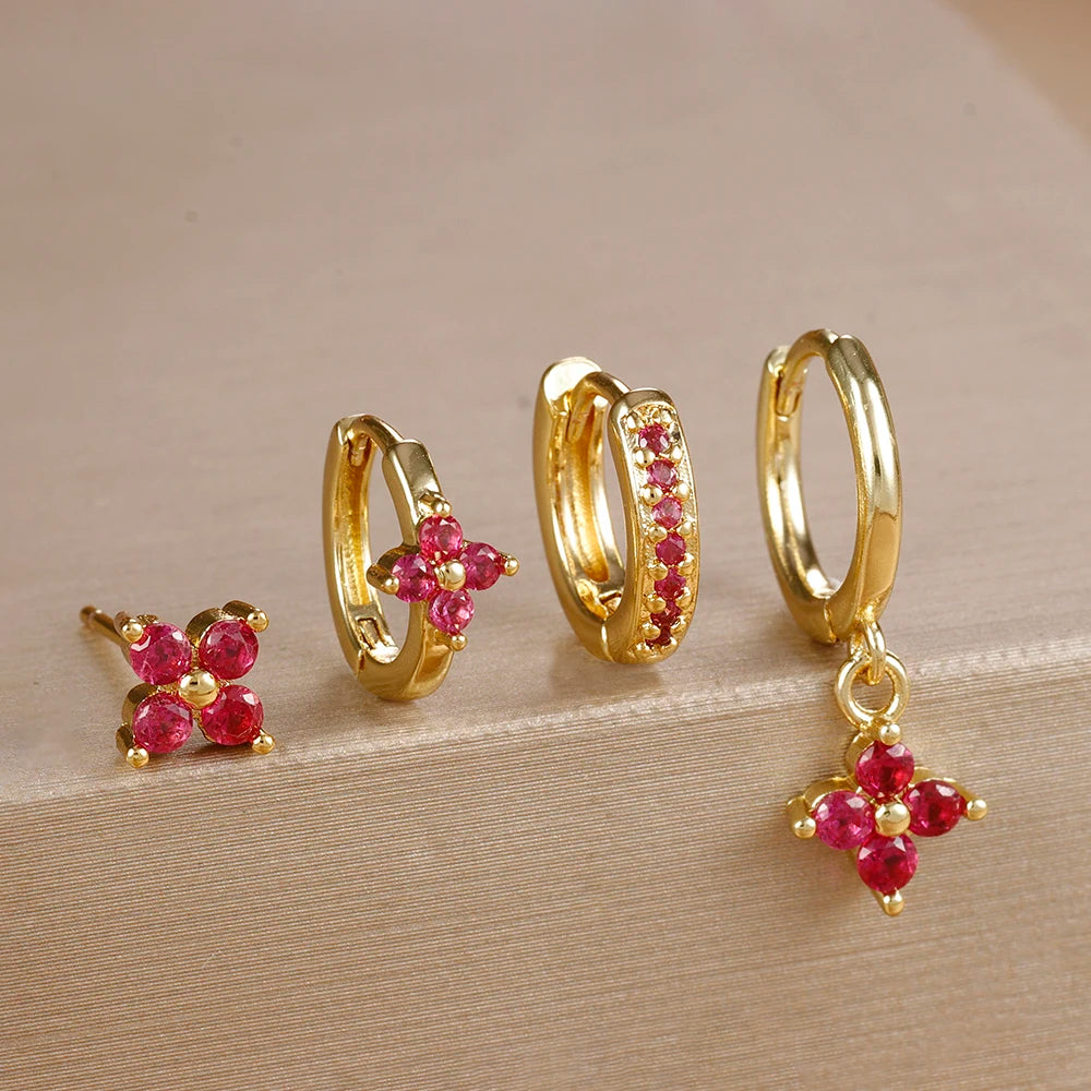 Huggie Hoop Earring Set, 4 Pairs, Gold-Tone or Silver-Tone with Colored Stones