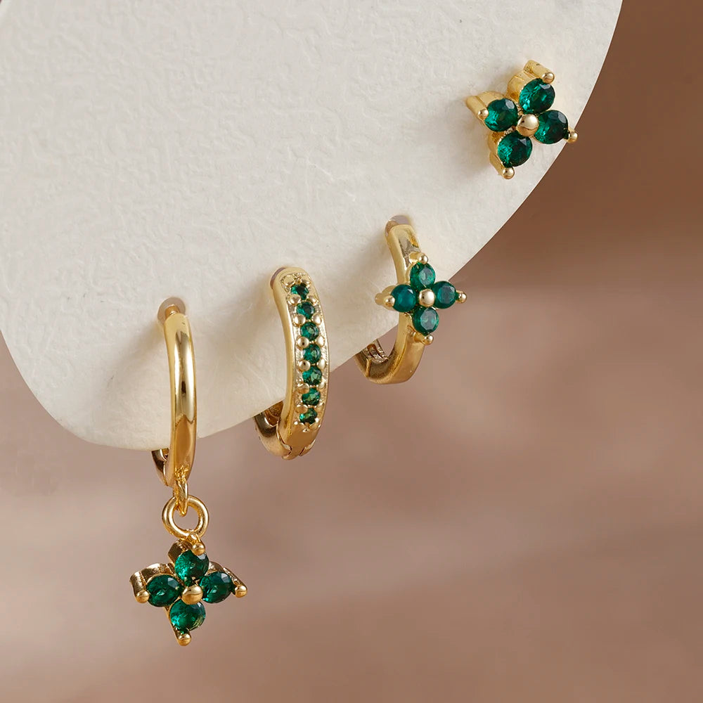 Huggie Hoop Earring Set, 4 Pairs, Gold-Tone or Silver-Tone with Colored Stones
