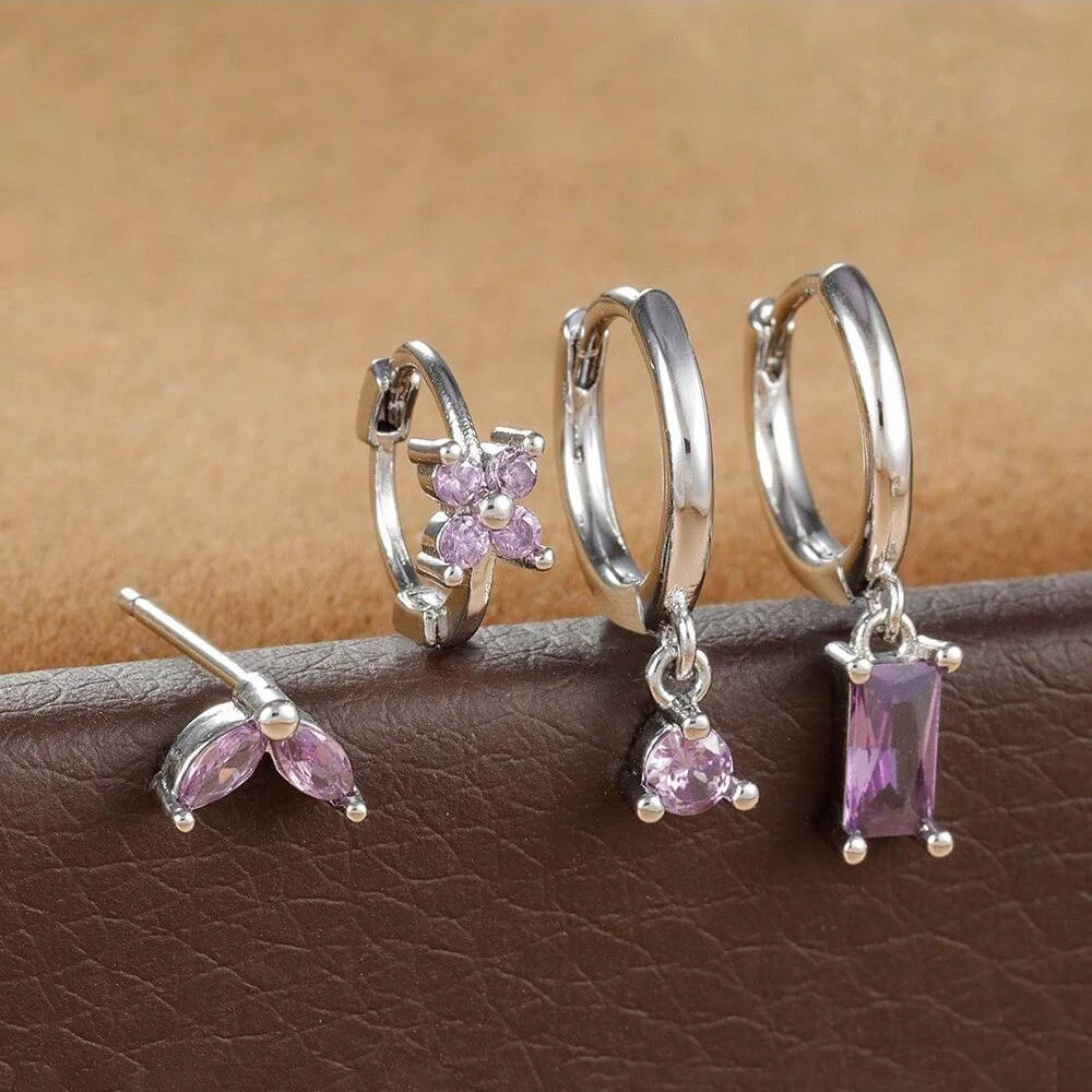 Huggie Hoop Earring Set, 4 Pairs, Gold-Tone or Silver-Tone with Colored Stones