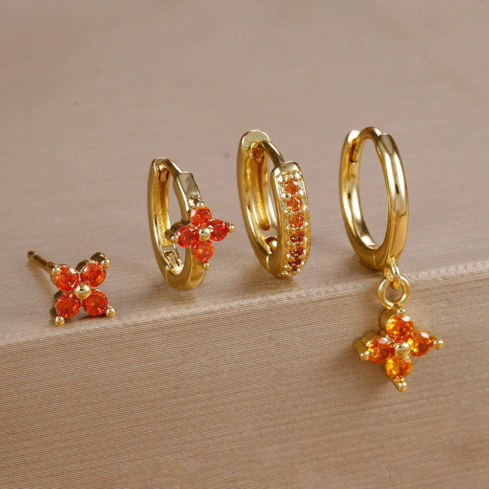 Huggie Hoop Earring Set, 4 Pairs, Gold-Tone or Silver-Tone with Colored Stones