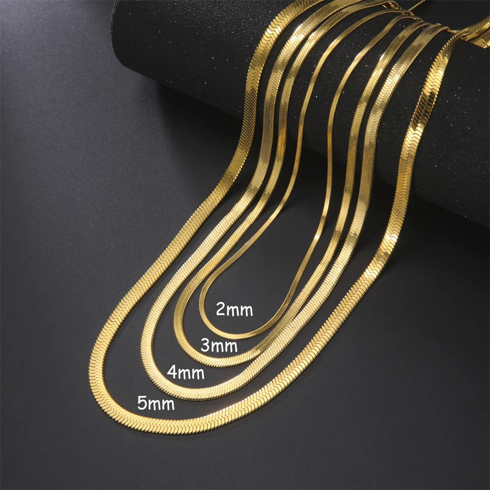 Herringbone Snake Chain Necklace, Gold-Tone or Silver-Tone Stainless Steel, 2-5mm