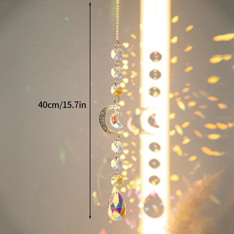Moon and Star Crystal Suncatcher, Celestial Rainbow Maker Window Hanging