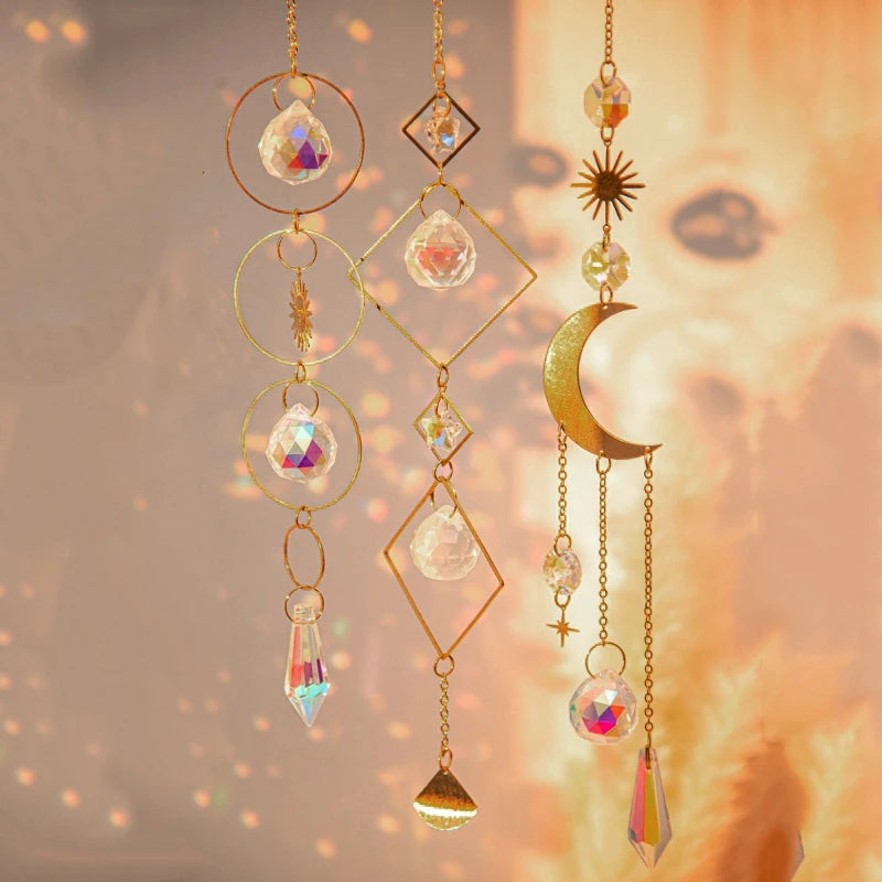 Moon and Star Crystal Suncatcher, Celestial Rainbow Maker Window Hanging