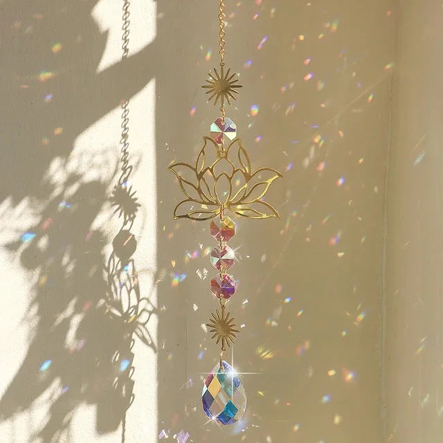 Colored Glass Lotus Suncatcher, Rainbow Maker Window Hanging, Garden and Home Decor