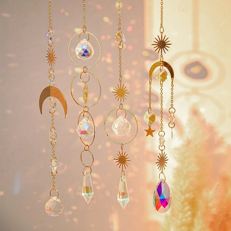 Moon and Star Crystal Suncatcher, Celestial Rainbow Maker Window Hanging