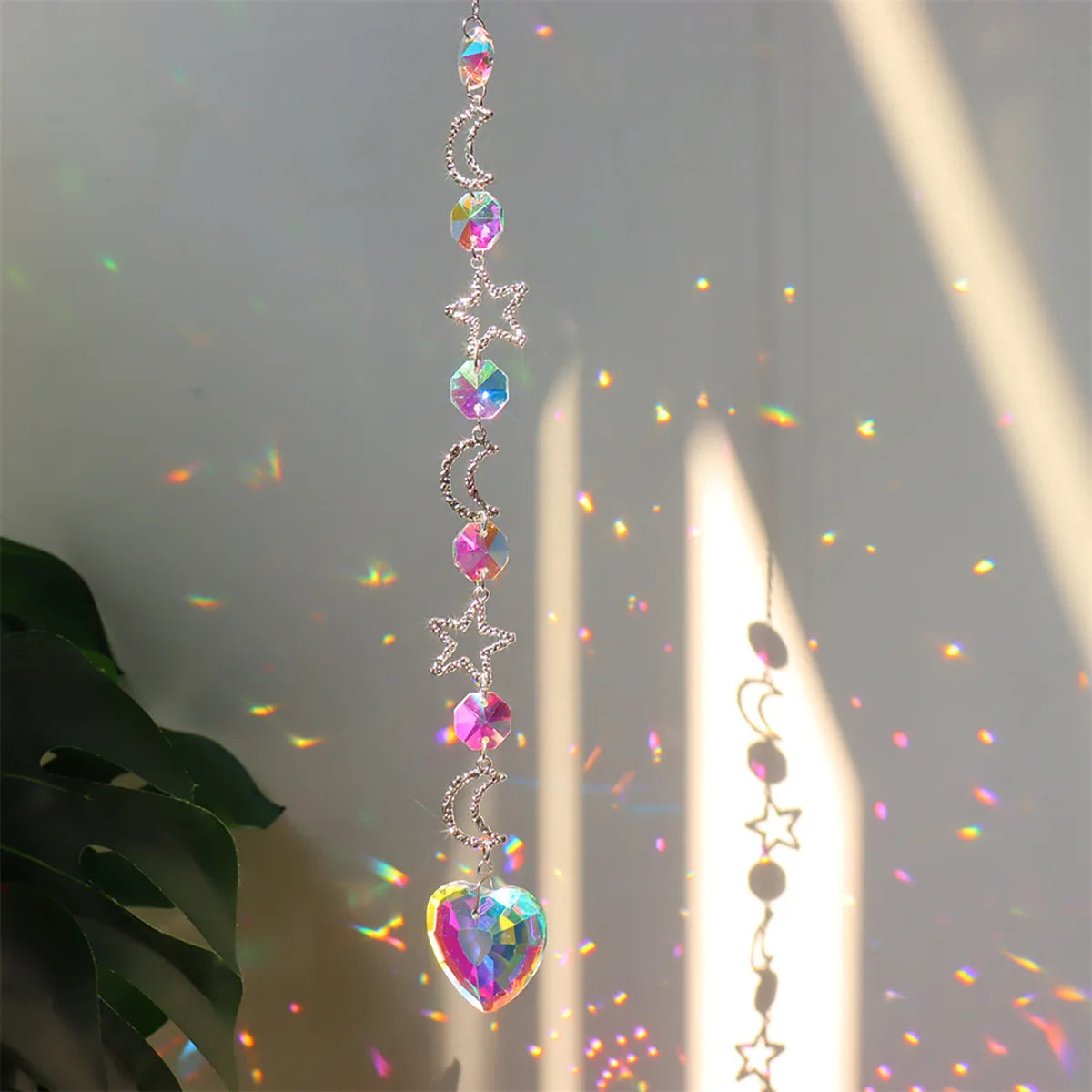 Iridescent Crystal Suncatcher Wind Chime, Moon, Star and Planet Charms