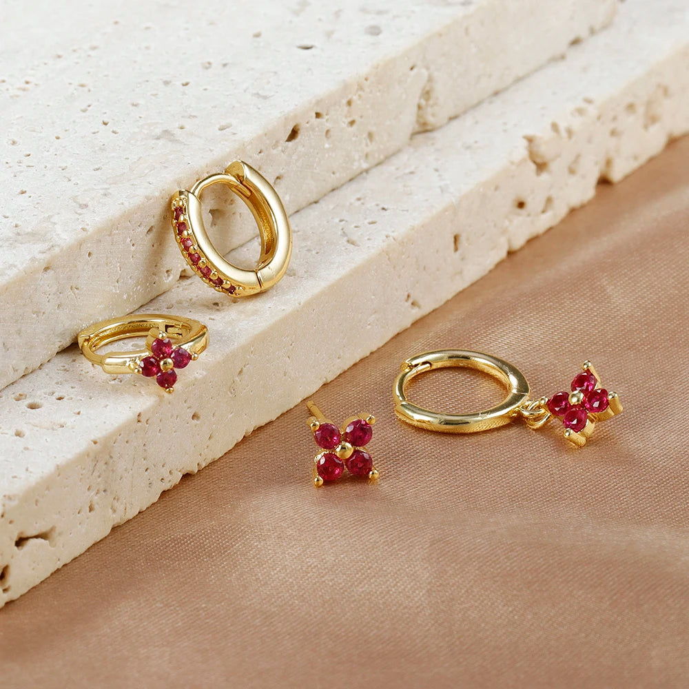 Huggie Hoop Earring Set, 4 Pairs, Gold-Tone or Silver-Tone with Colored Stones