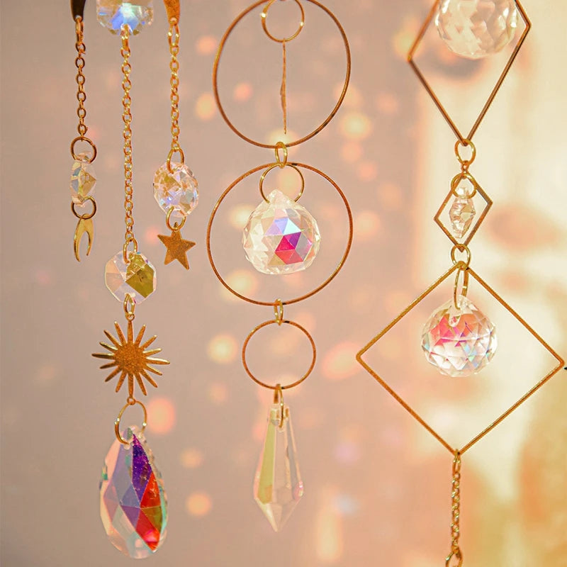 Moon and Star Crystal Suncatcher, Celestial Rainbow Maker Window Hanging