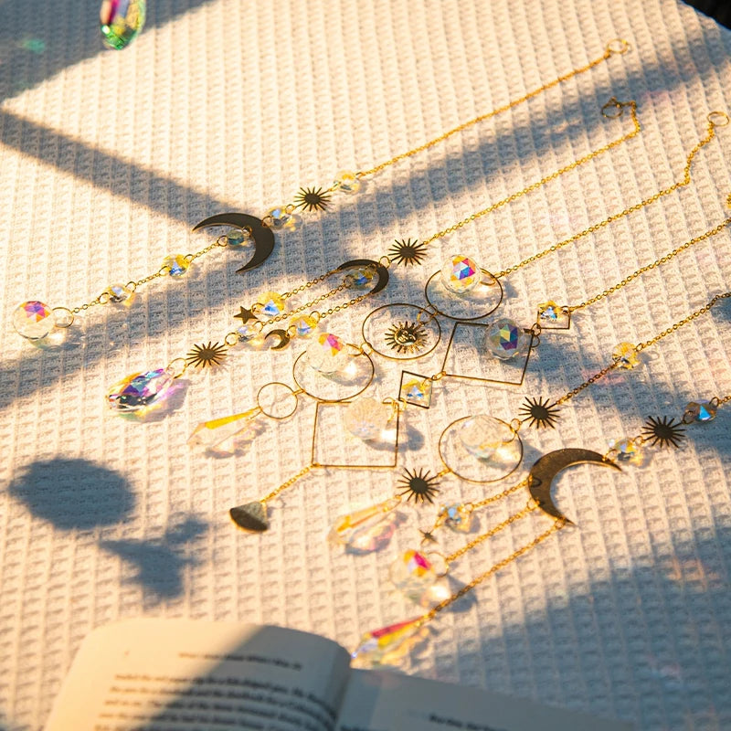 Moon and Star Crystal Suncatcher, Celestial Rainbow Maker Window Hanging