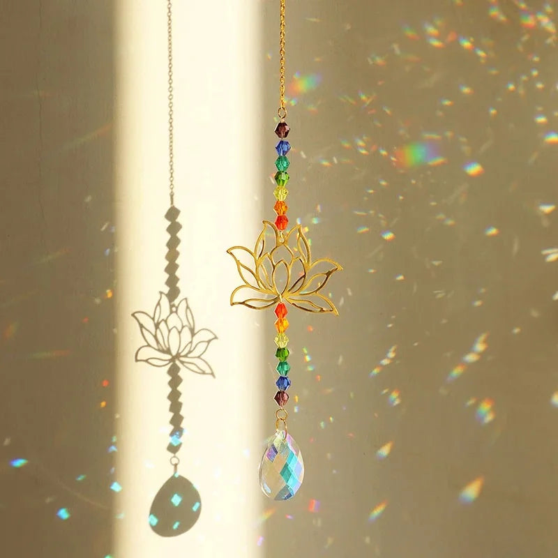 Colored Glass Lotus Suncatcher, Rainbow Maker Window Hanging, Garden and Home Decor