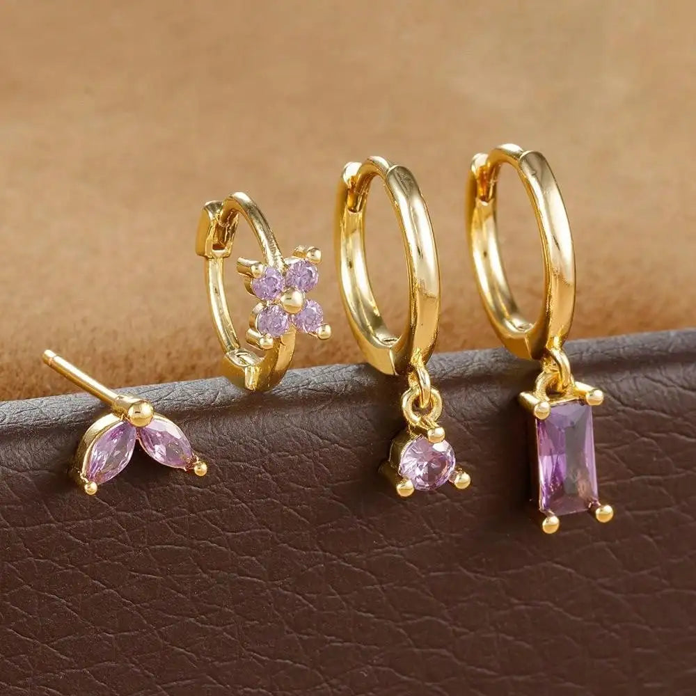 Huggie Hoop Earring Set, 4 Pairs, Gold-Tone or Silver-Tone with Colored Stones