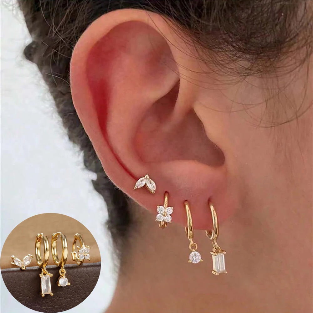 Huggie Hoop Earring Set, 4 Pairs, Gold-Tone or Silver-Tone with Colored Stones