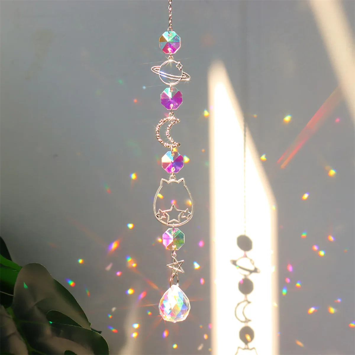 Iridescent Crystal Suncatcher Wind Chime, Moon, Star and Planet Charms