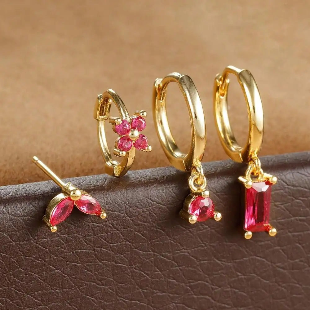 Huggie Hoop Earring Set, 4 Pairs, Gold-Tone or Silver-Tone with Colored Stones