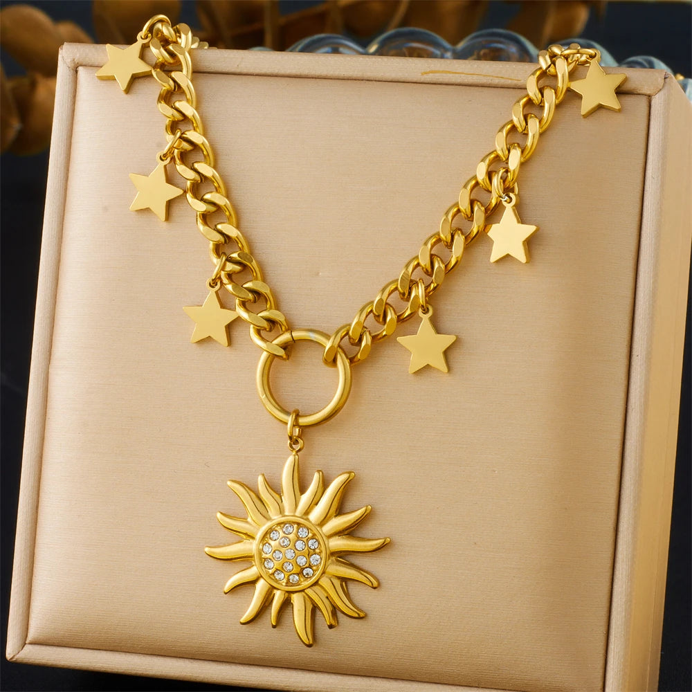 Sun, Moon and Starfish Charm Necklace, Gold-Tone Stainless Steel