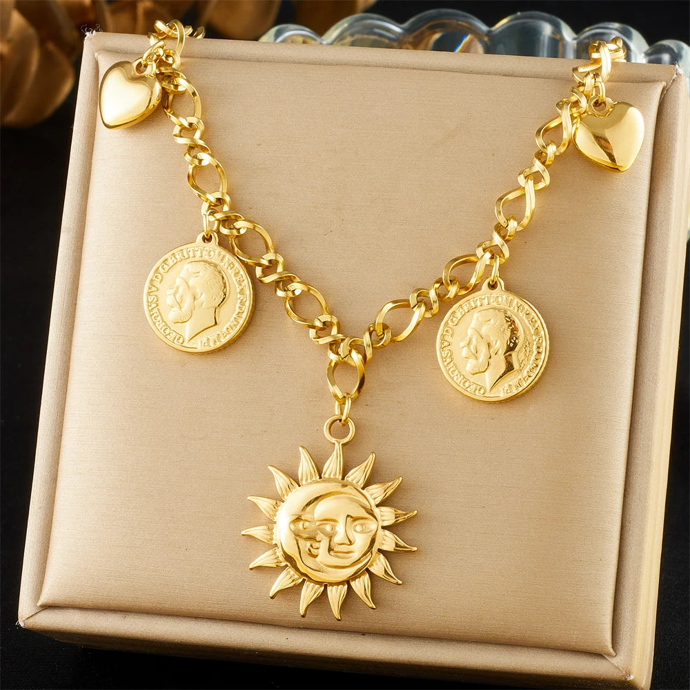 Sun, Moon and Starfish Charm Necklace, Gold-Tone Stainless Steel