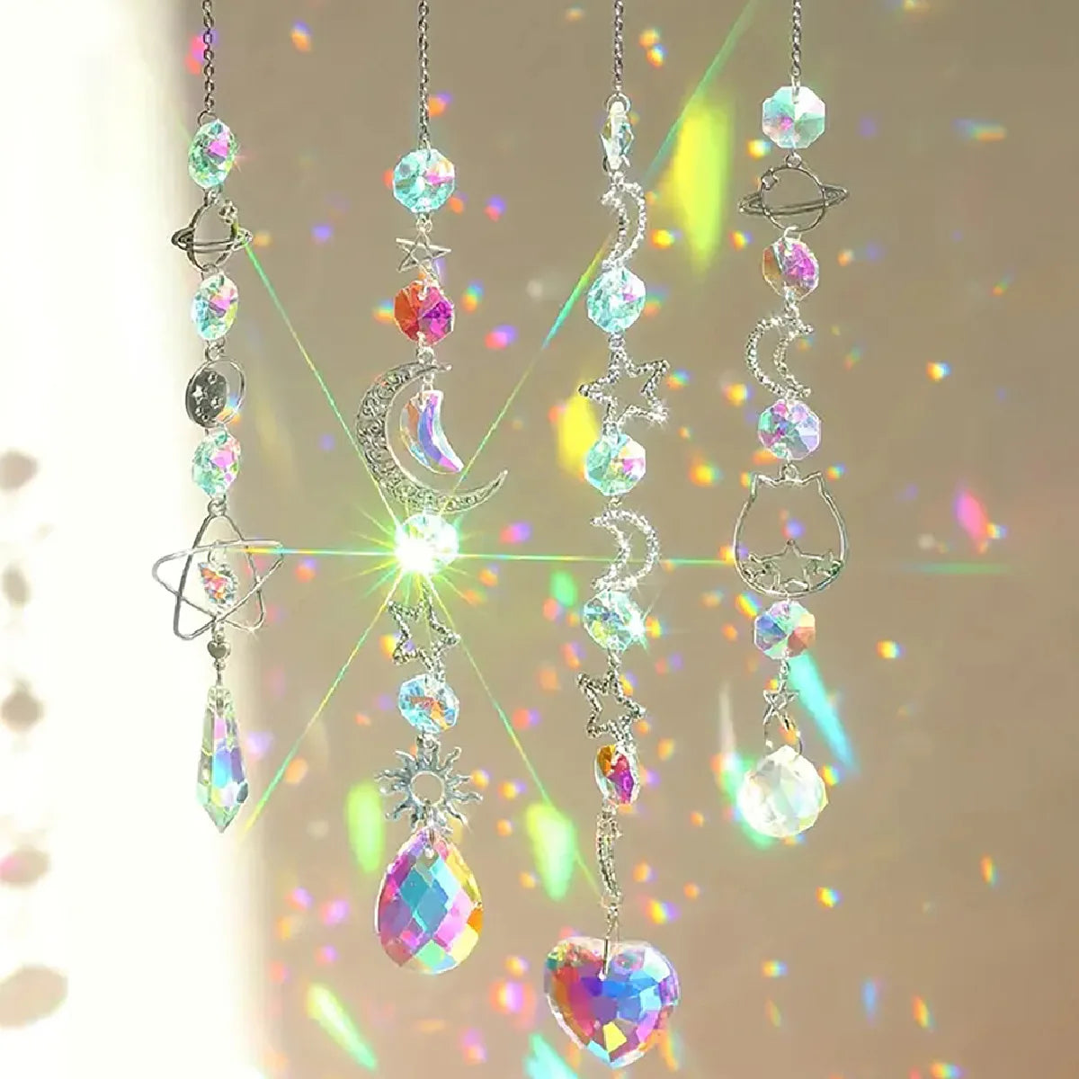 Iridescent Crystal Suncatcher Wind Chime, Moon, Star and Planet Charms