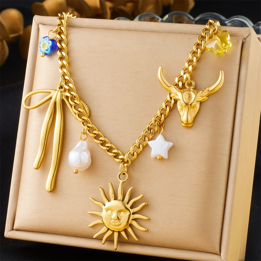 Sun, Moon and Starfish Charm Necklace, Gold-Tone Stainless Steel