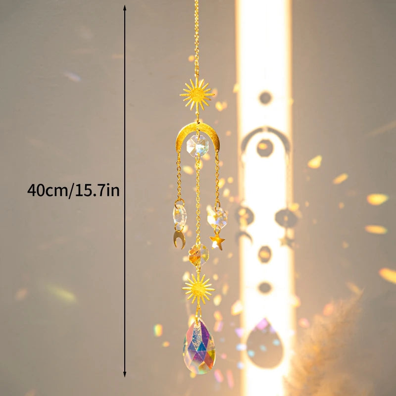 Moon and Star Crystal Suncatcher, Celestial Rainbow Maker Window Hanging