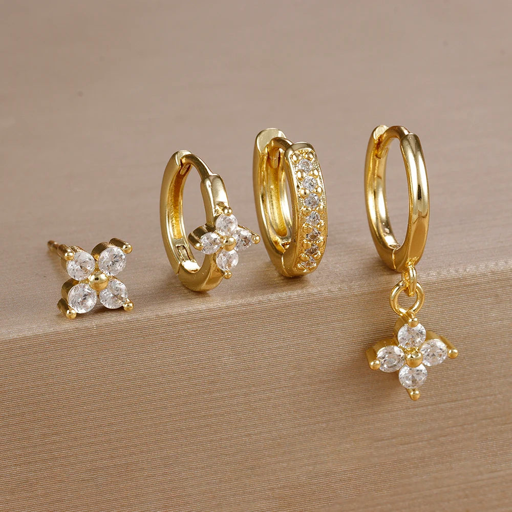 Huggie Hoop Earring Set, 4 Pairs, Gold-Tone or Silver-Tone with Colored Stones