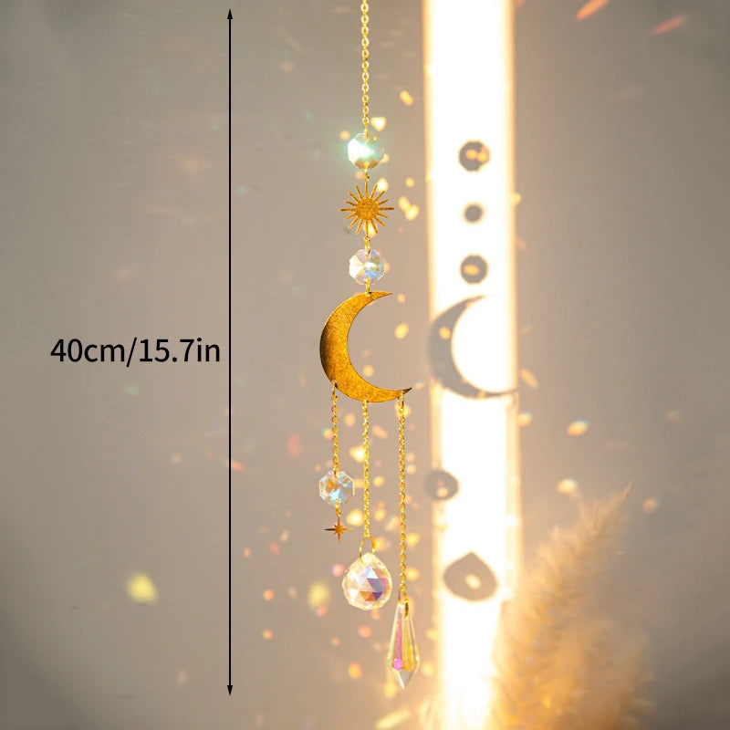 Moon and Star Crystal Suncatcher, Celestial Rainbow Maker Window Hanging