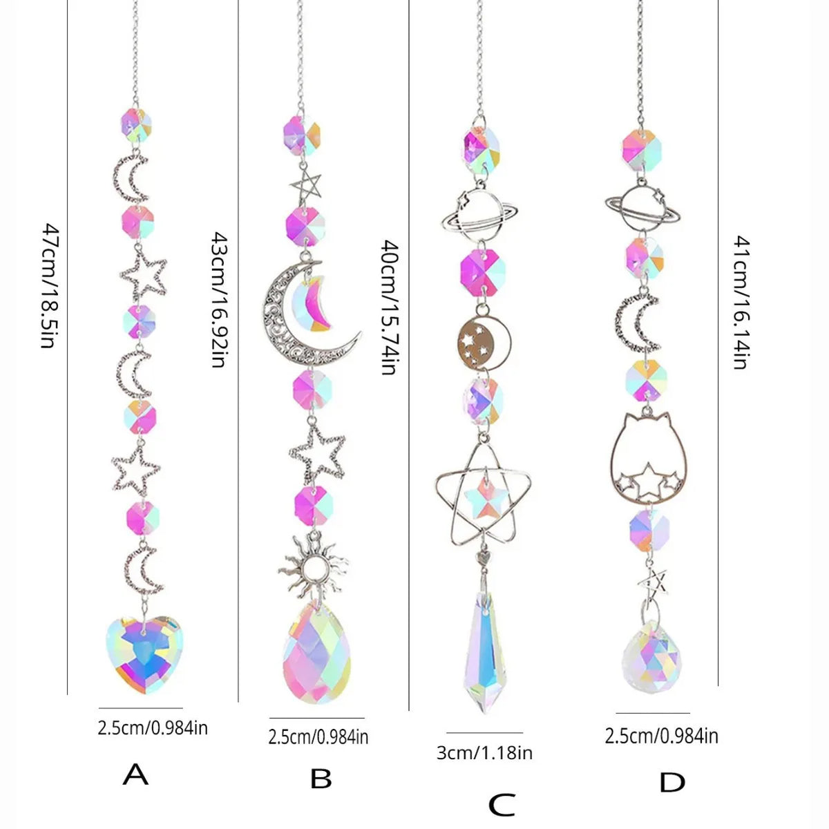 Iridescent Crystal Suncatcher Wind Chime, Moon, Star and Planet Charms