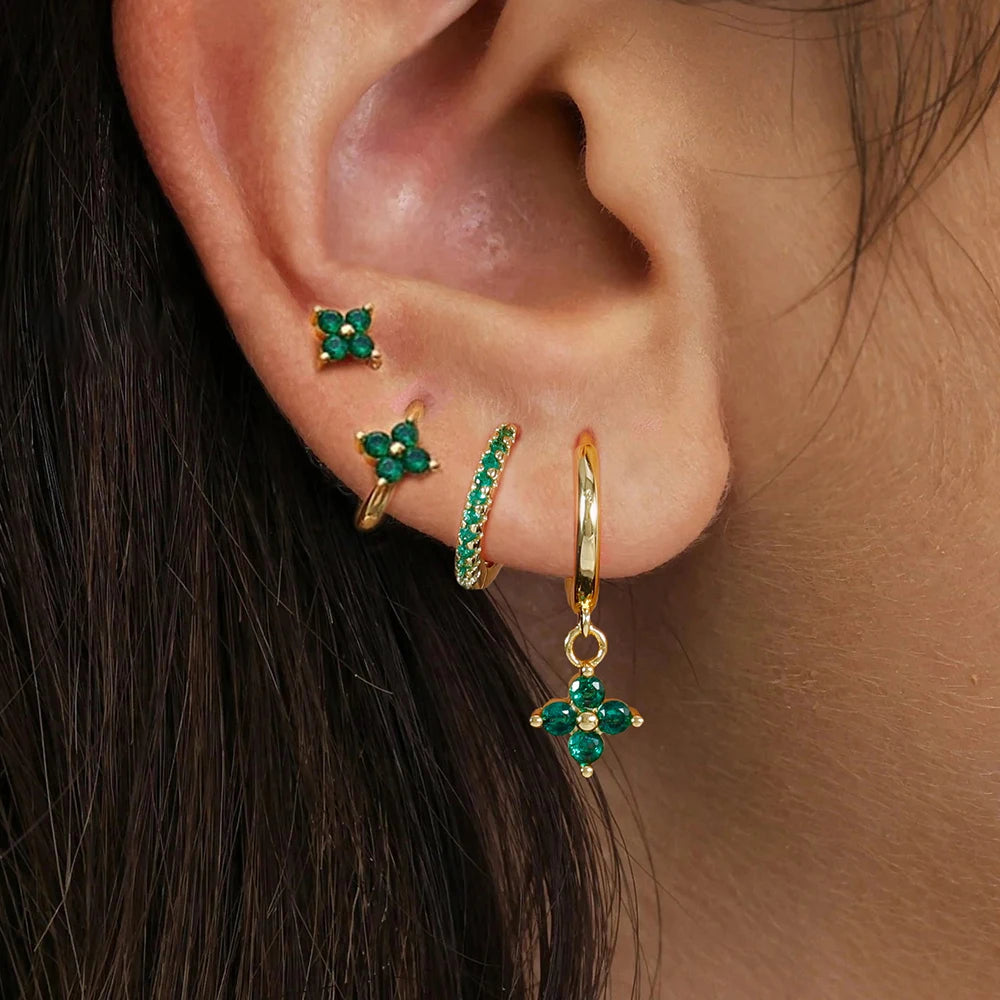 Huggie Hoop Earring Set, 4 Pairs, Gold-Tone or Silver-Tone with Colored Stones