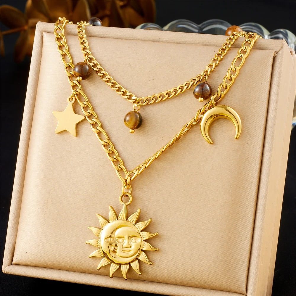 Sun, Moon and Starfish Charm Necklace, Gold-Tone Stainless Steel