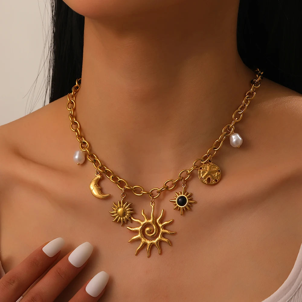 Sun, Moon and Starfish Charm Necklace, Gold-Tone Stainless Steel