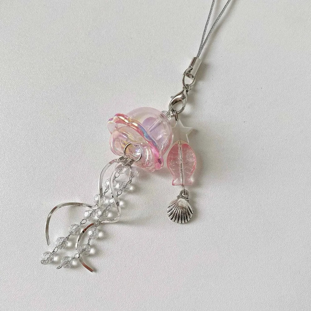 Jellyfish Beaded Phone Charm Strap, Ocean Bead Keychain and Bag Charm