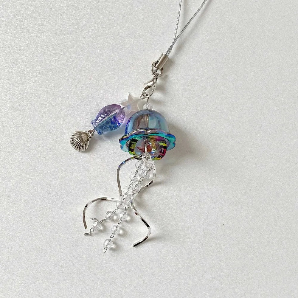 Jellyfish Beaded Phone Charm Strap, Ocean Bead Keychain and Bag Charm