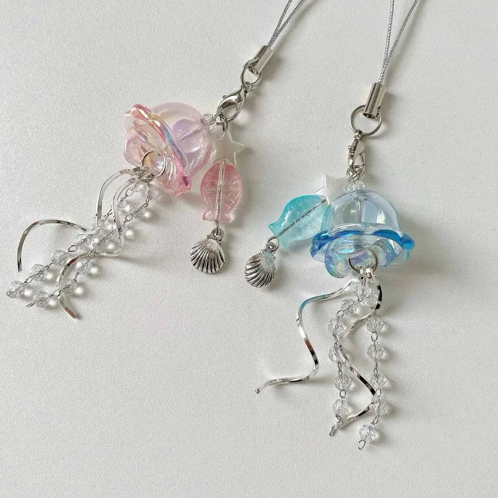 Jellyfish Beaded Phone Charm Strap, Ocean Bead Keychain and Bag Charm
