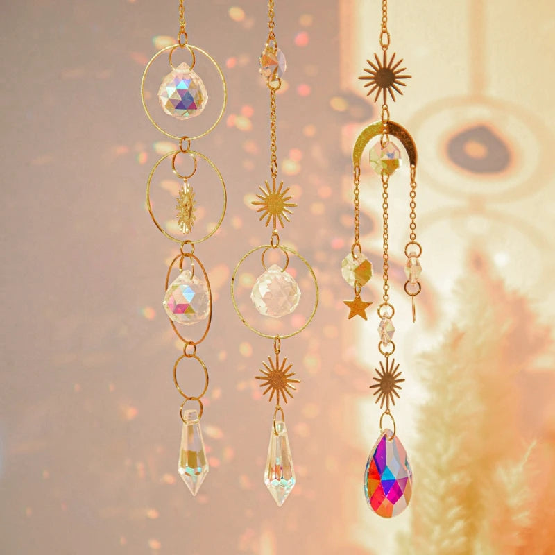 Moon and Star Crystal Suncatcher, Celestial Rainbow Maker Window Hanging