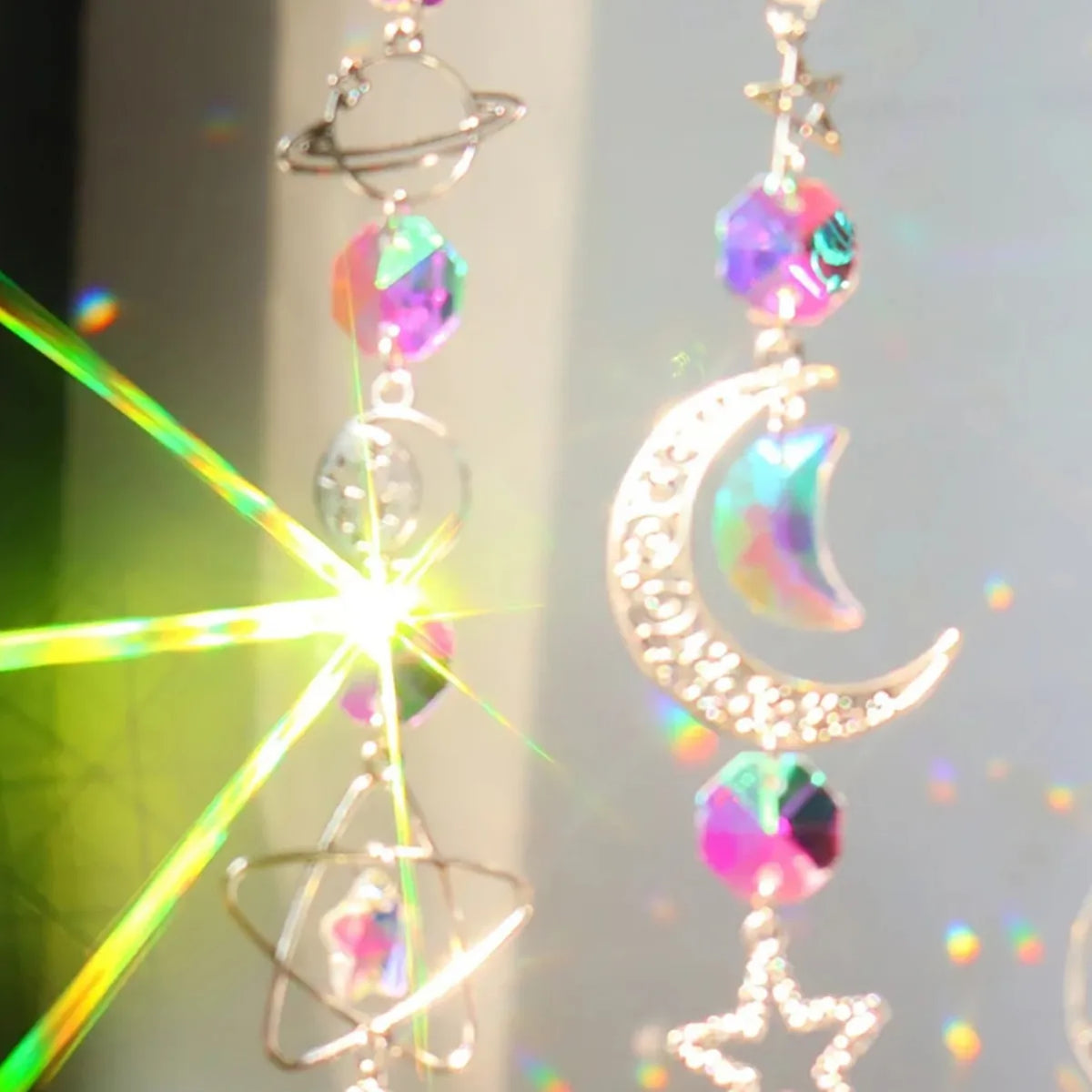 Iridescent Crystal Suncatcher Wind Chime, Moon, Star and Planet Charms