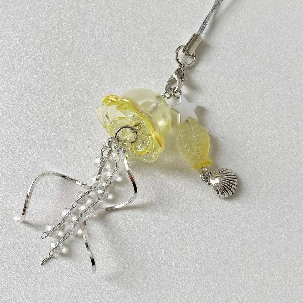 Jellyfish Beaded Phone Charm Strap, Ocean Bead Keychain and Bag Charm