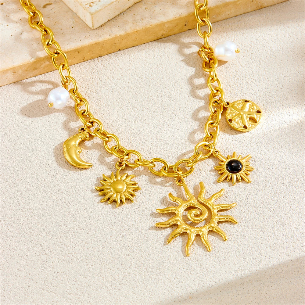 Sun, Moon and Starfish Charm Necklace, Gold-Tone Stainless Steel