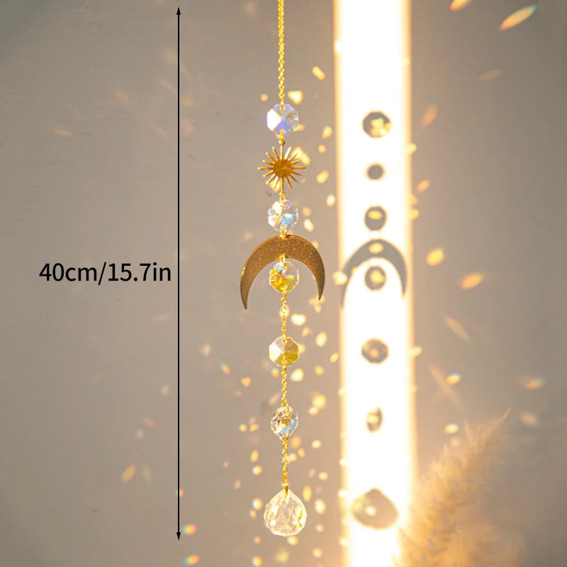 Moon and Star Crystal Suncatcher, Celestial Rainbow Maker Window Hanging