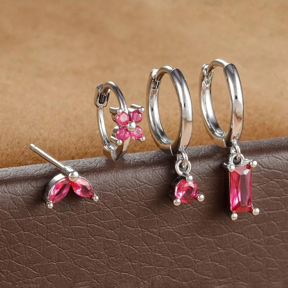 Huggie Hoop Earring Set, 4 Pairs, Gold-Tone or Silver-Tone with Colored Stones