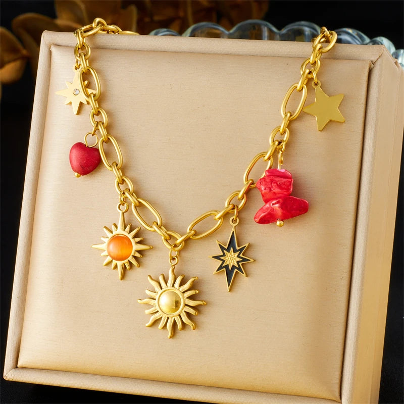 Sun, Moon and Starfish Charm Necklace, Gold-Tone Stainless Steel