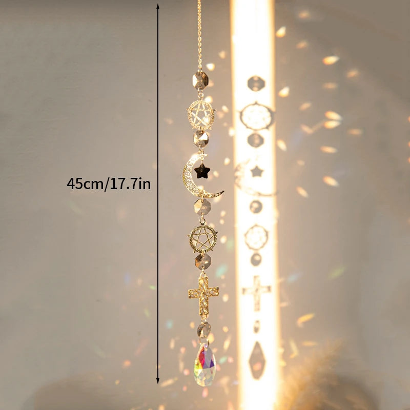 Moon and Star Crystal Suncatcher, Celestial Rainbow Maker Window Hanging