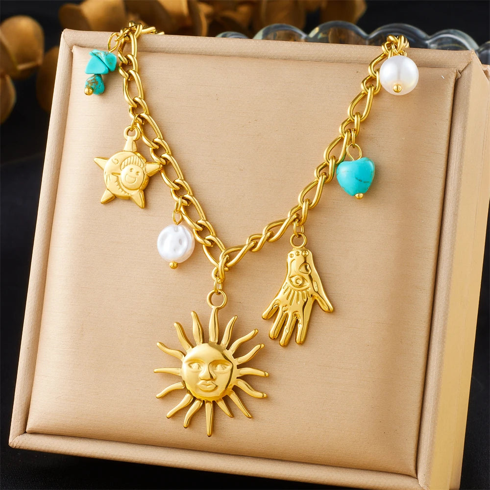 Sun, Moon and Starfish Charm Necklace, Gold-Tone Stainless Steel