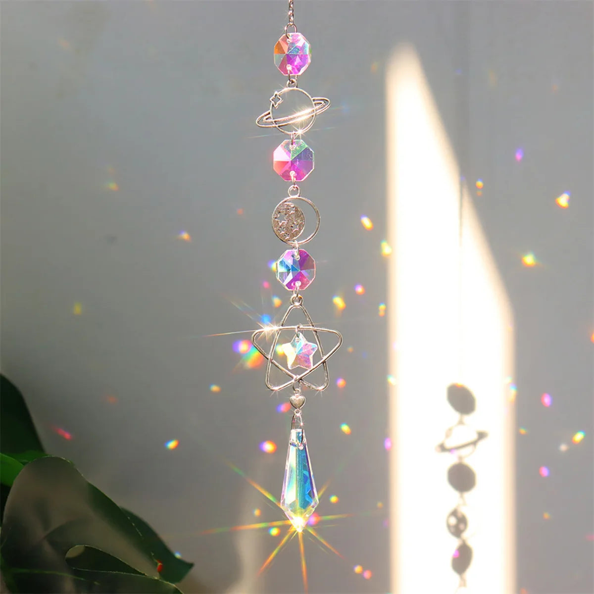 Iridescent Crystal Suncatcher Wind Chime, Moon, Star and Planet Charms