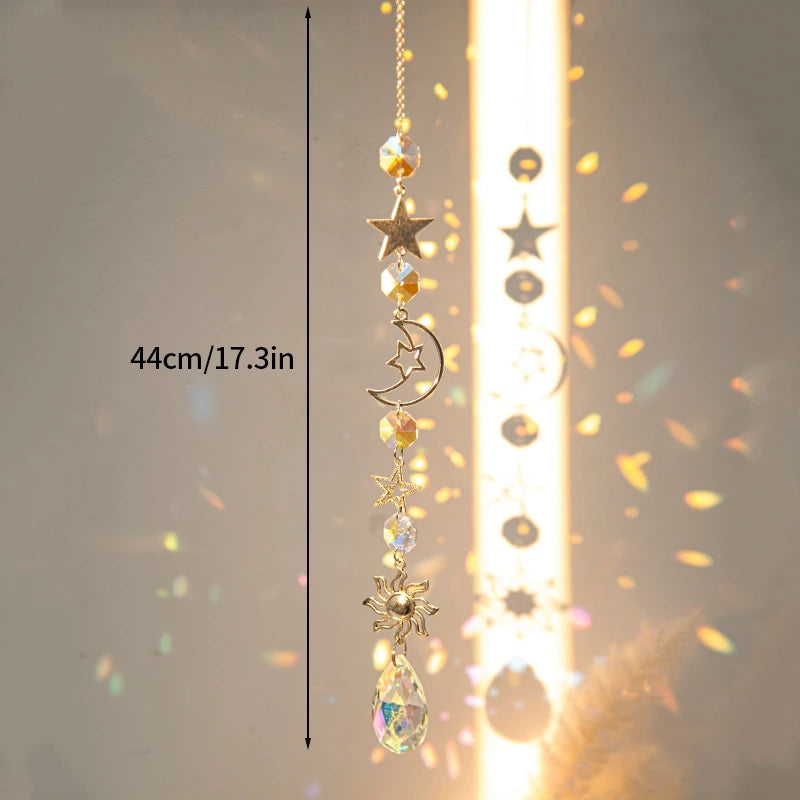 Moon and Star Crystal Suncatcher, Celestial Rainbow Maker Window Hanging