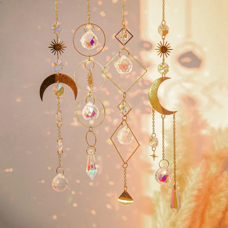 Moon and Star Crystal Suncatcher, Celestial Rainbow Maker Window Hanging