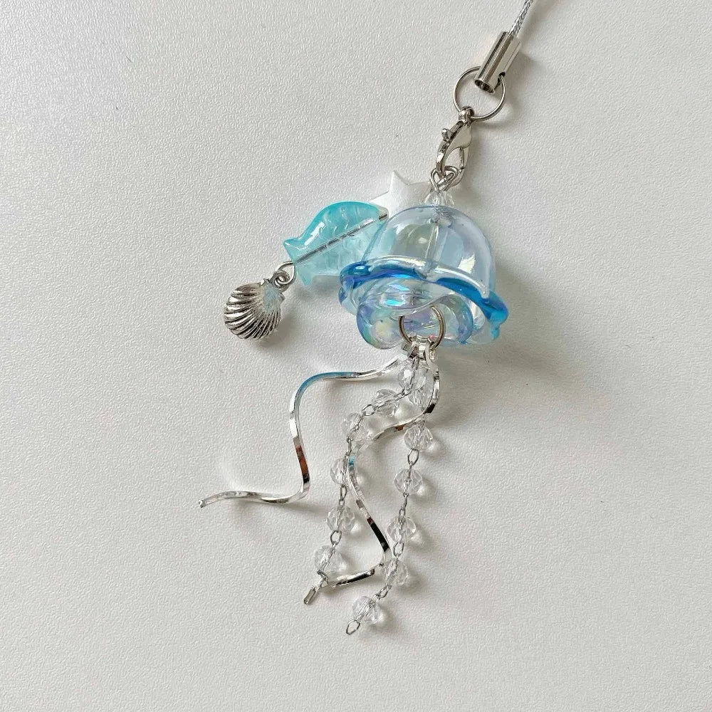Jellyfish Beaded Phone Charm Strap, Ocean Bead Keychain and Bag Charm