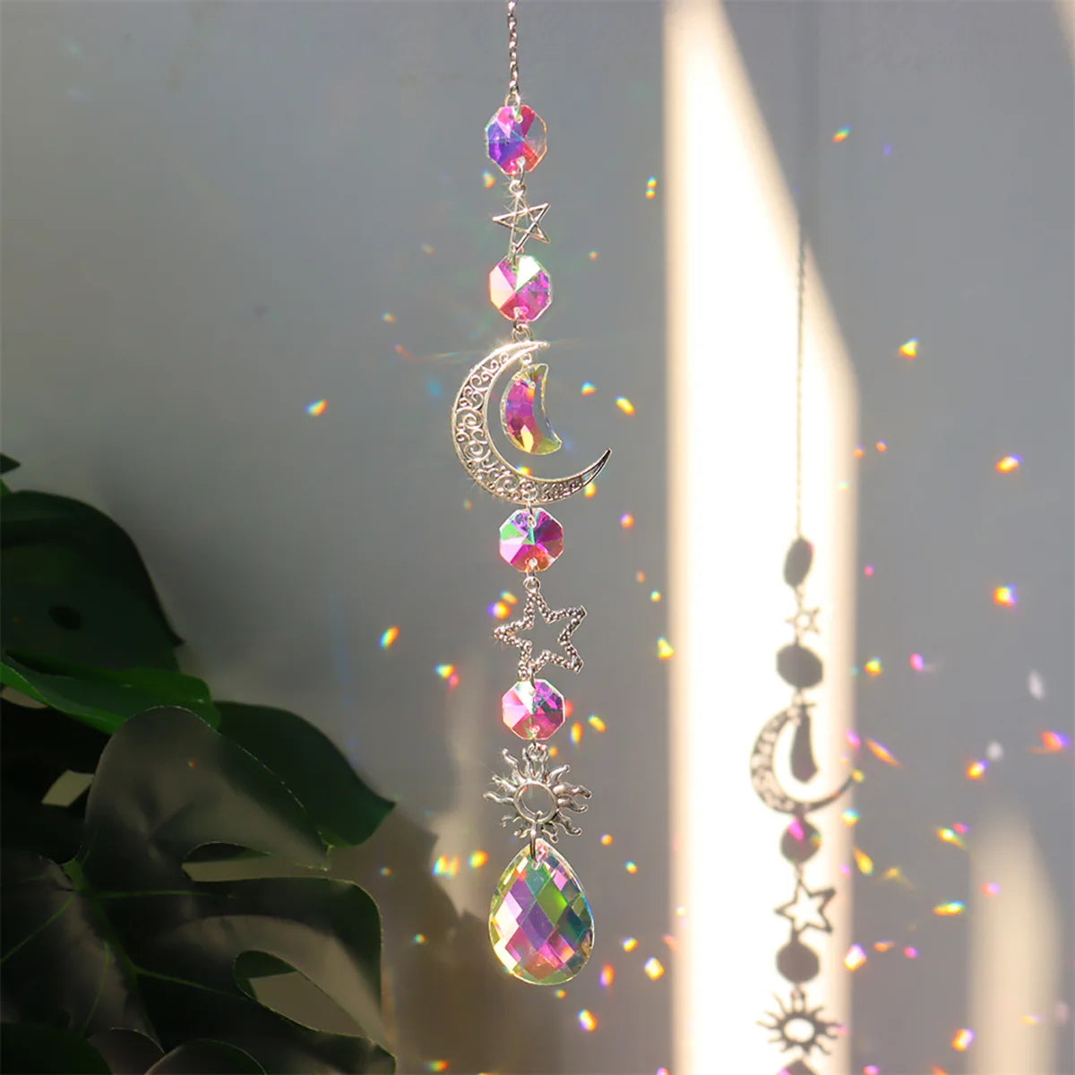 Iridescent Crystal Suncatcher Wind Chime, Moon, Star and Planet Charms