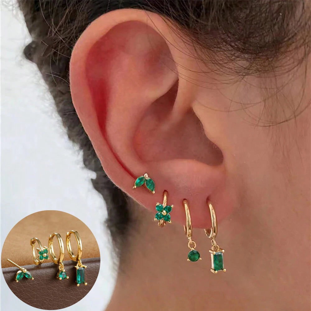 Huggie Hoop Earring Set, 4 Pairs, Gold-Tone or Silver-Tone with Colored Stones