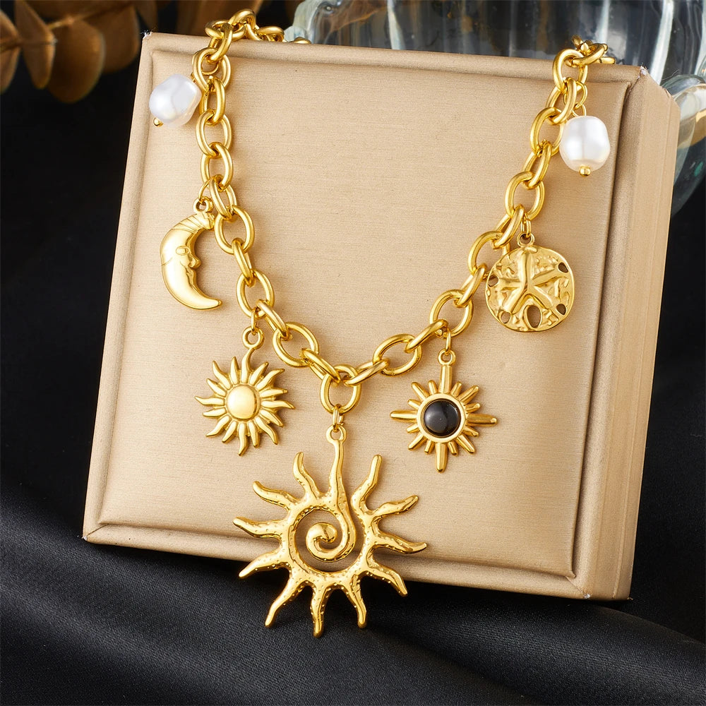 Sun, Moon and Starfish Charm Necklace, Gold-Tone Stainless Steel