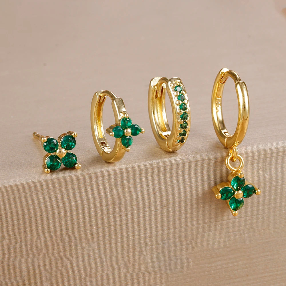 Huggie Hoop Earring Set, 4 Pairs, Gold-Tone or Silver-Tone with Colored Stones