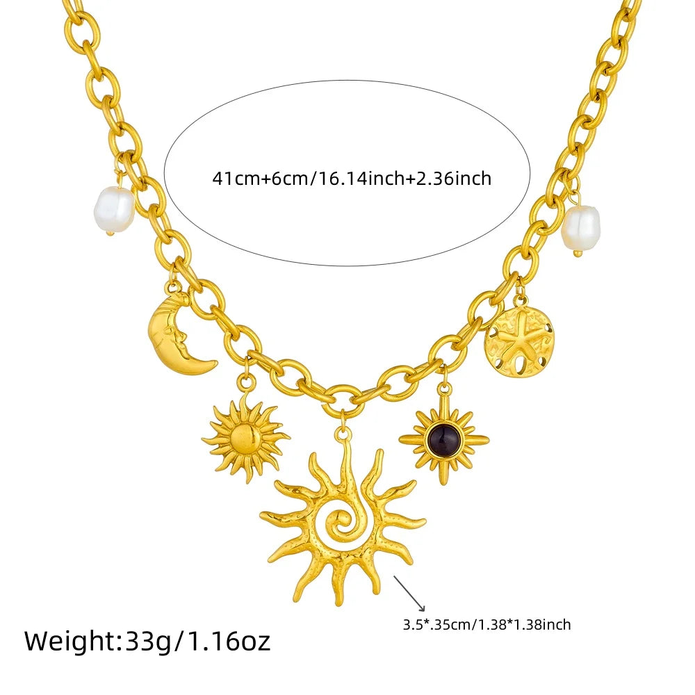 Sun, Moon and Starfish Charm Necklace, Gold-Tone Stainless Steel